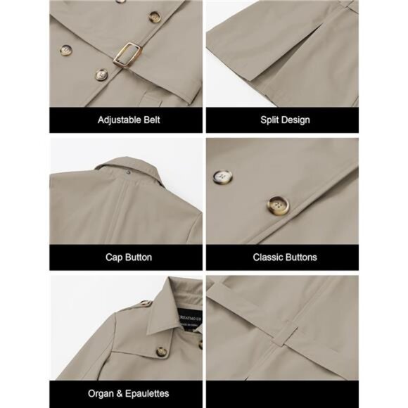 Women's Trench Coat Double-Breasted Classic Lapel Overcoat Belted - Picture 6 of 7